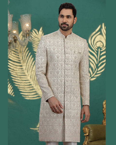 Cream & Off White Art Silk Man Wedding Sherwani With Aligadhi Pant