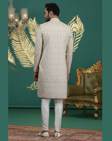 Cream & Off White Art Silk Man Wedding Sherwani With Aligadhi Pant