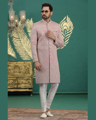 Onion Pink & Off White Art Silk Man Wedding Sherwani With Aligadhi Pant