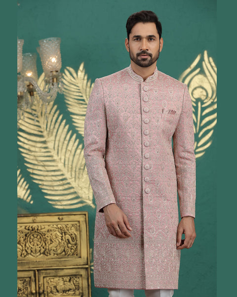 Onion Pink & Off White Art Silk Man Wedding Sherwani With Aligadhi Pant