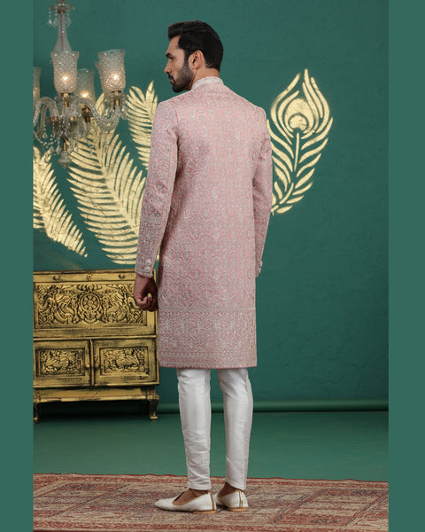 Onion Pink & Off White Art Silk Man Wedding Sherwani With Aligadhi Pant