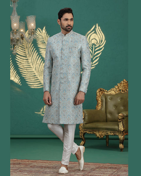 Sea Green & Off White Art Silk Man Wedding Sherwani With Aligadhi Pant