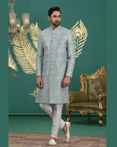 Sea Green & Off White Art Silk Man Wedding Sherwani With Aligadhi Pant