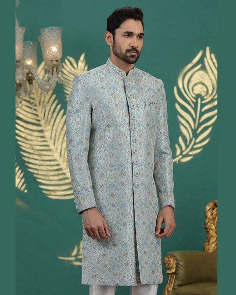 Sea Green & Off White Art Silk Man Wedding Sherwani With Aligadhi Pant