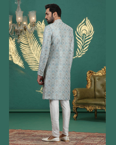Sea Green & Off White Art Silk Man Wedding Sherwani With Aligadhi Pant