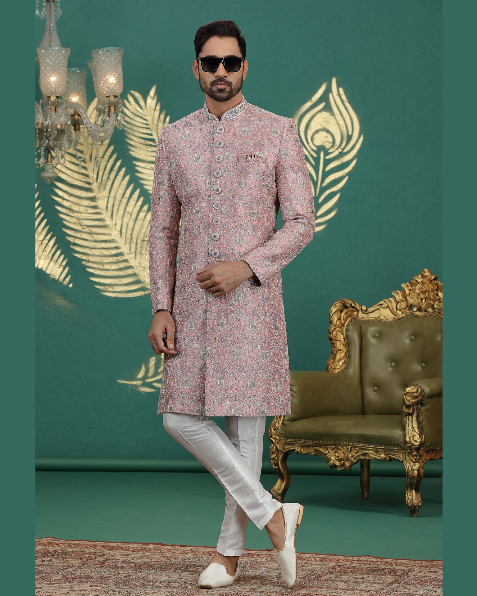 Onion & Off White Art Silk Man Wedding Sherwani With Aligadhi Pant