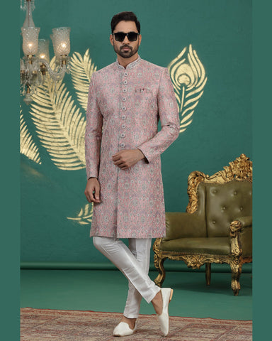 Onion & Off White Art Silk Man Wedding Sherwani With Aligadhi Pant