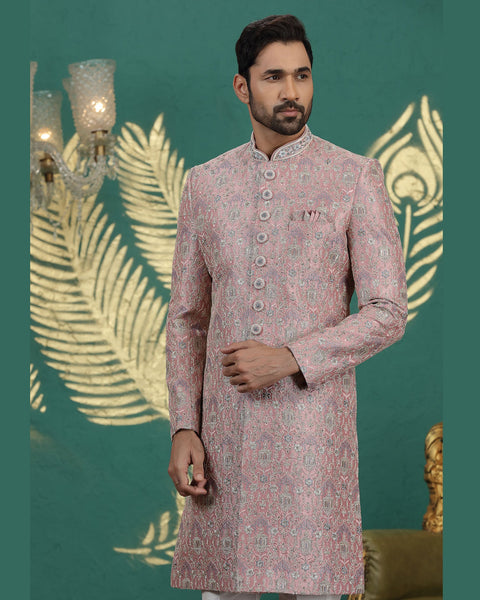 Onion & Off White Art Silk Man Wedding Sherwani With Aligadhi Pant