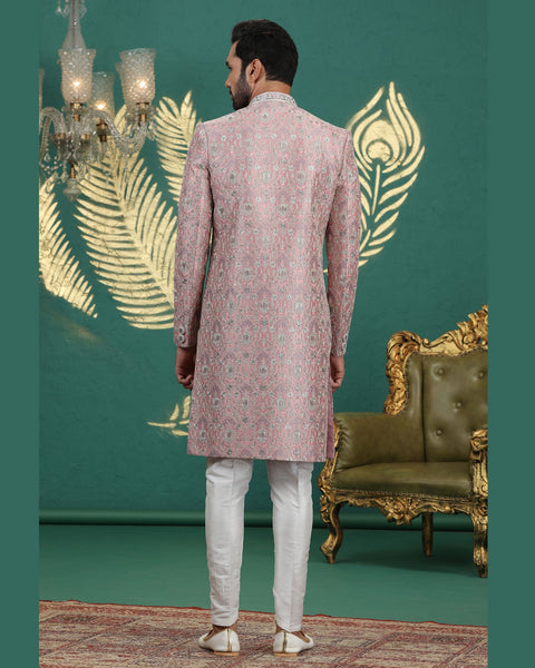 Onion & Off White Art Silk Man Wedding Sherwani With Aligadhi Pant