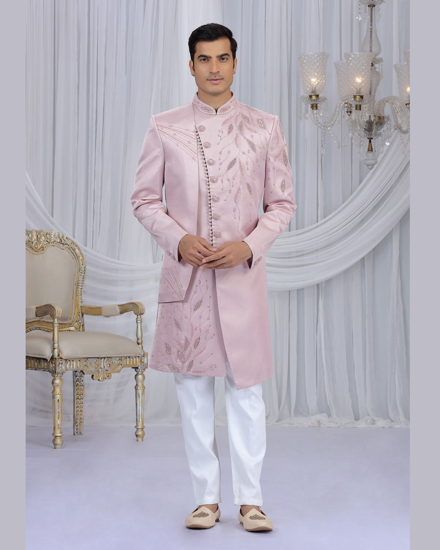 Pink & Off White Art Silk Man Indowestern Sherwani