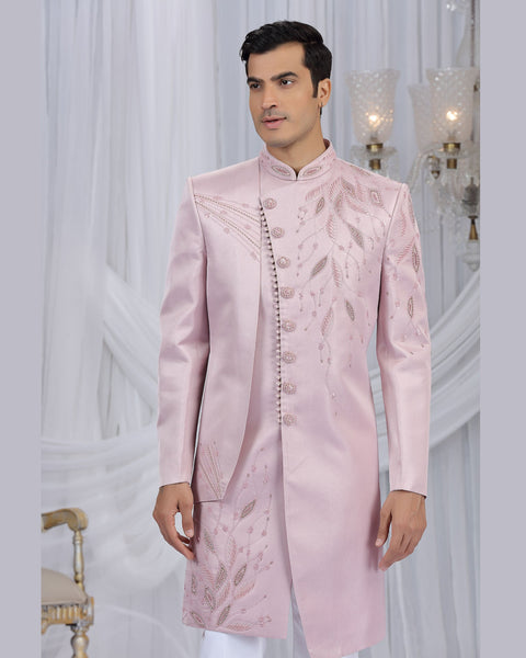 Pink & Off White Art Silk Man Indowestern Sherwani