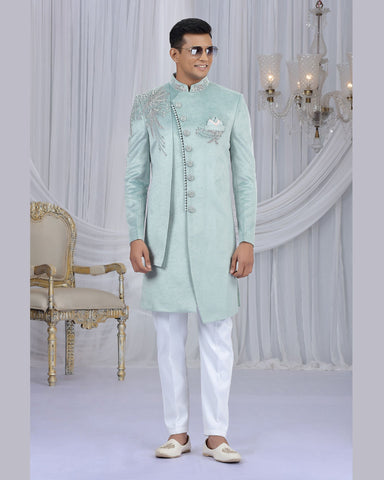 Pista Green & Off White Art Silk Man Indowestern Sherwani