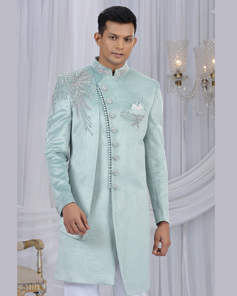 Pista Green & Off White Art Silk Man Indowestern Sherwani