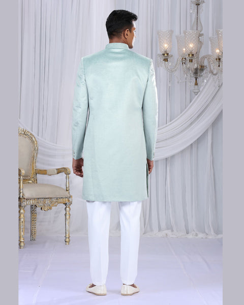 Pista Green & Off White Art Silk Man Indowestern Sherwani