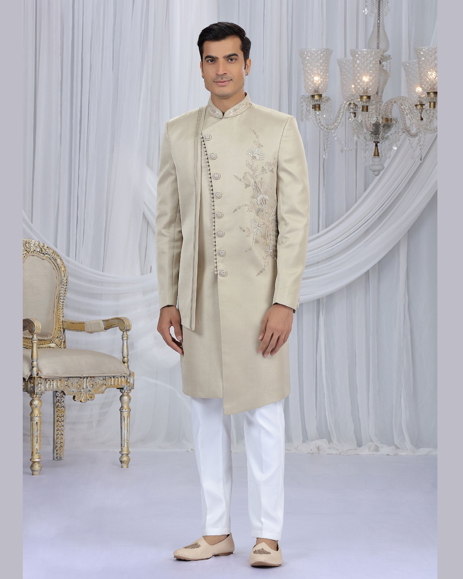 Beige & Off White Art Silk Man Indowestern Sherwani