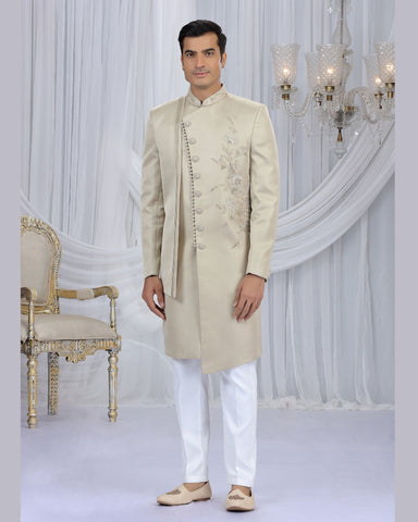 Beige & Off White Art Silk Man Indowestern Sherwani