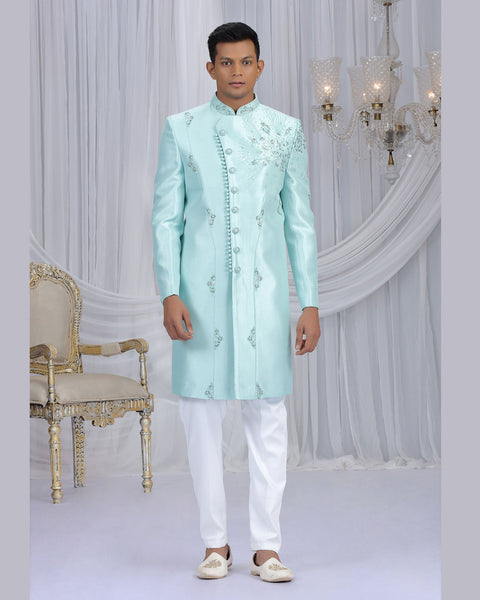 Pista Green & Off White Art Silk Man Indowestern Sherwani