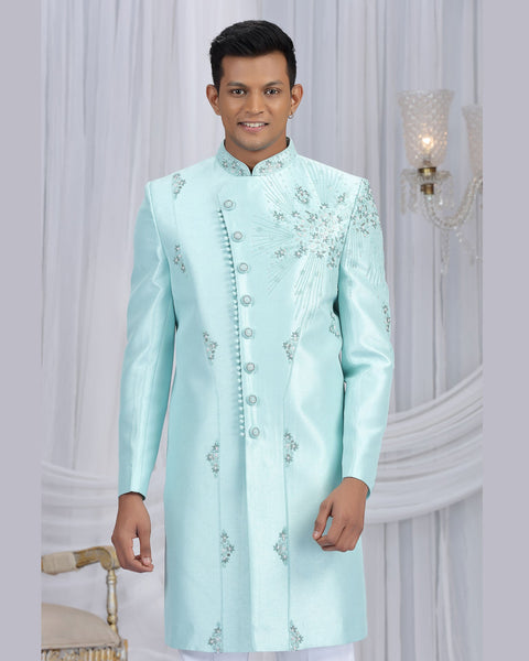 Pista Green & Off White Art Silk Man Indowestern Sherwani