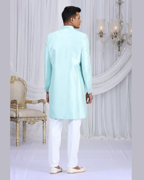 Pista Green & Off White Art Silk Man Indowestern Sherwani