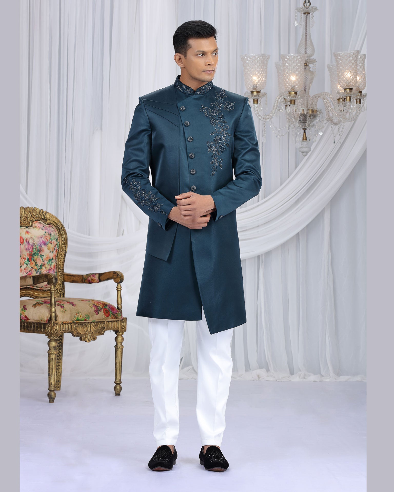 Navy Blue & Off White Art Silk Man Indowestern Sherwani