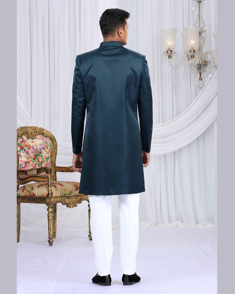 Navy Blue & Off White Art Silk Man Indowestern Sherwani