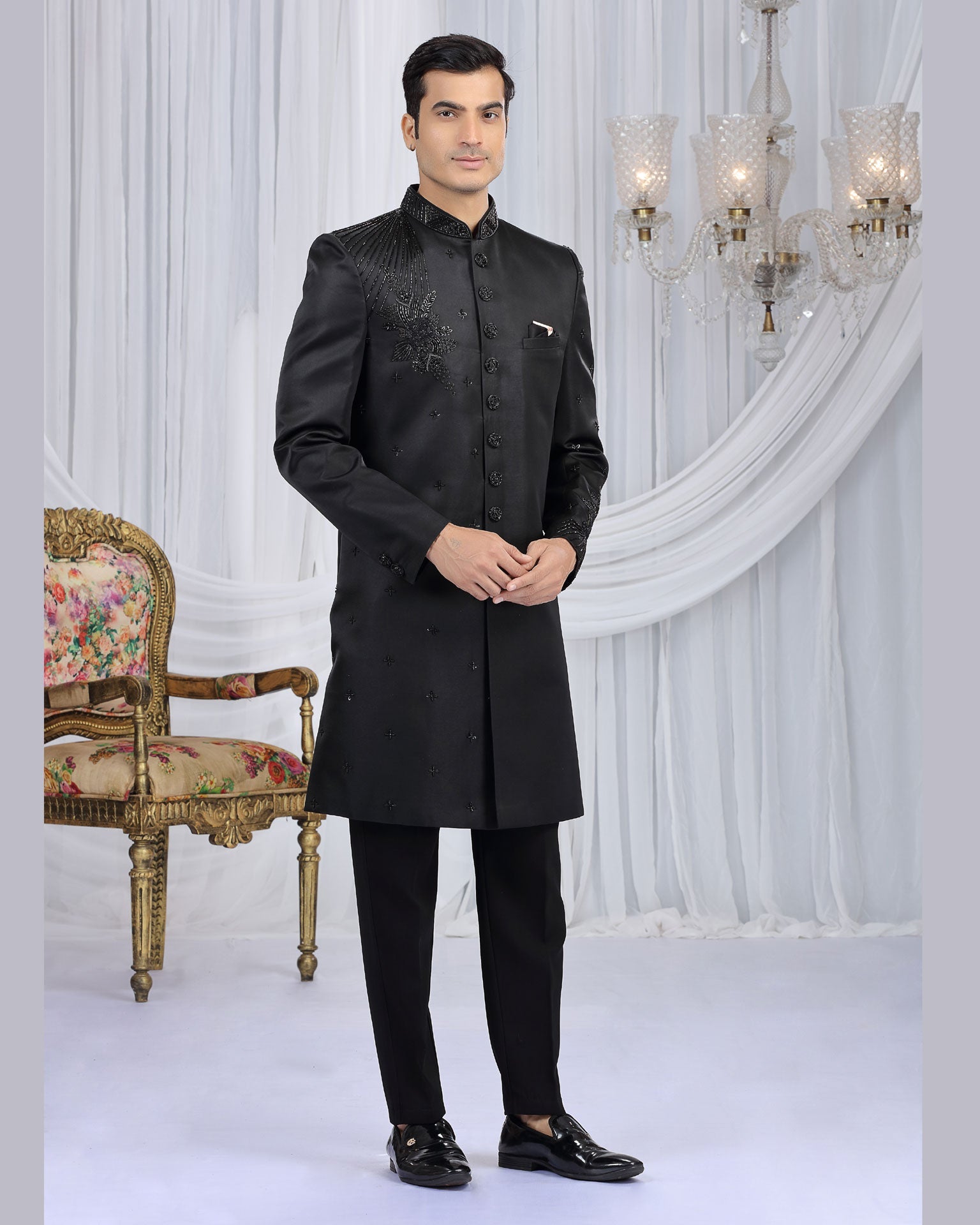 Black Art Silk Man Indowestern Sherwani