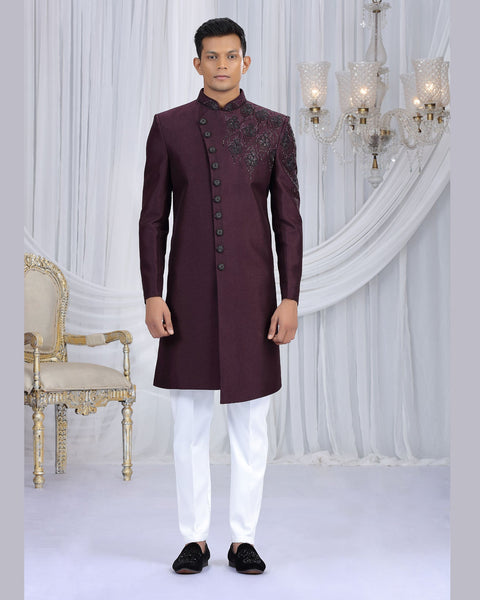 Wine & Off White Art Silk Man Indowestern Sherwani