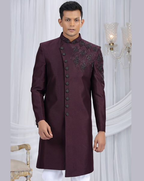 Wine & Off White Art Silk Man Indowestern Sherwani