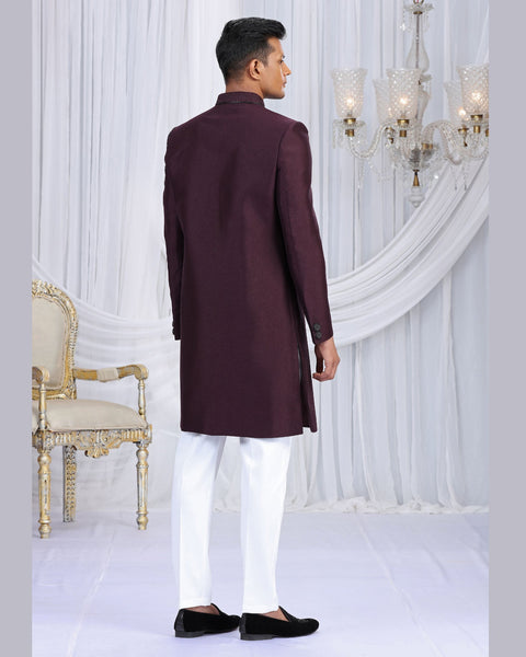 Wine & Off White Art Silk Man Indowestern Sherwani