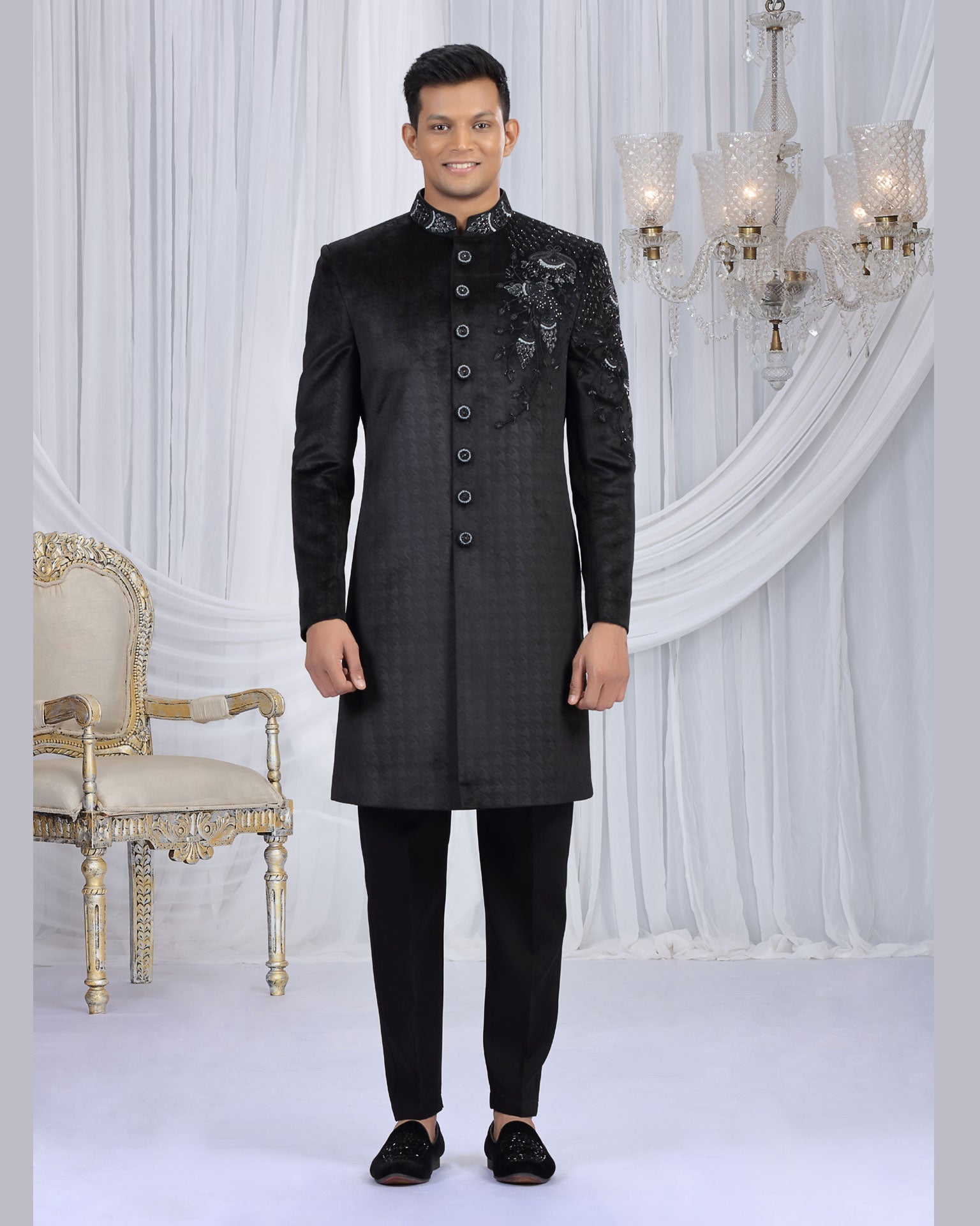 Black Embossed Velvet Man Indowestern Sherwani