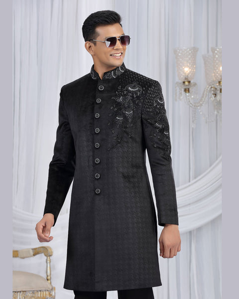 Black Embossed Velvet Man Indowestern Sherwani
