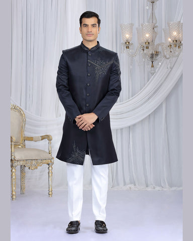 Navy Blue & Off White Art Silk Man Indowestern Sherwani