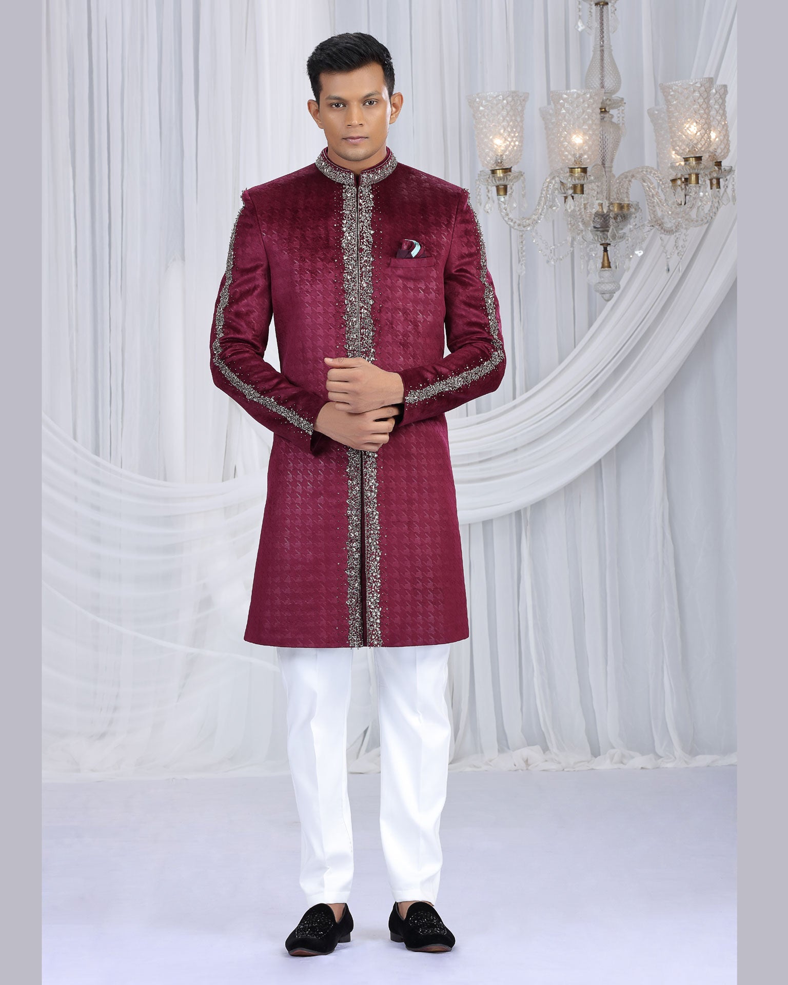 Wine & Off White Embossed Velvet Man Indowestern Sherwani