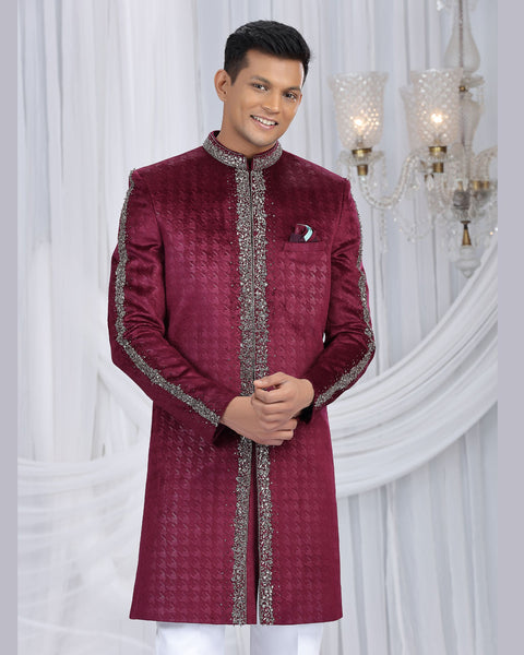 Wine & Off White Embossed Velvet Man Indowestern Sherwani