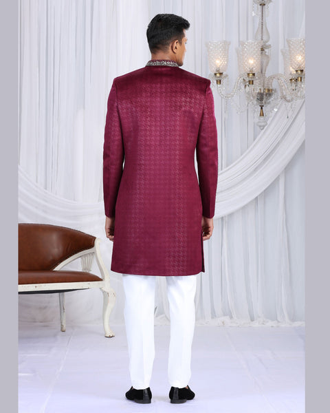 Wine & Off White Embossed Velvet Man Indowestern Sherwani