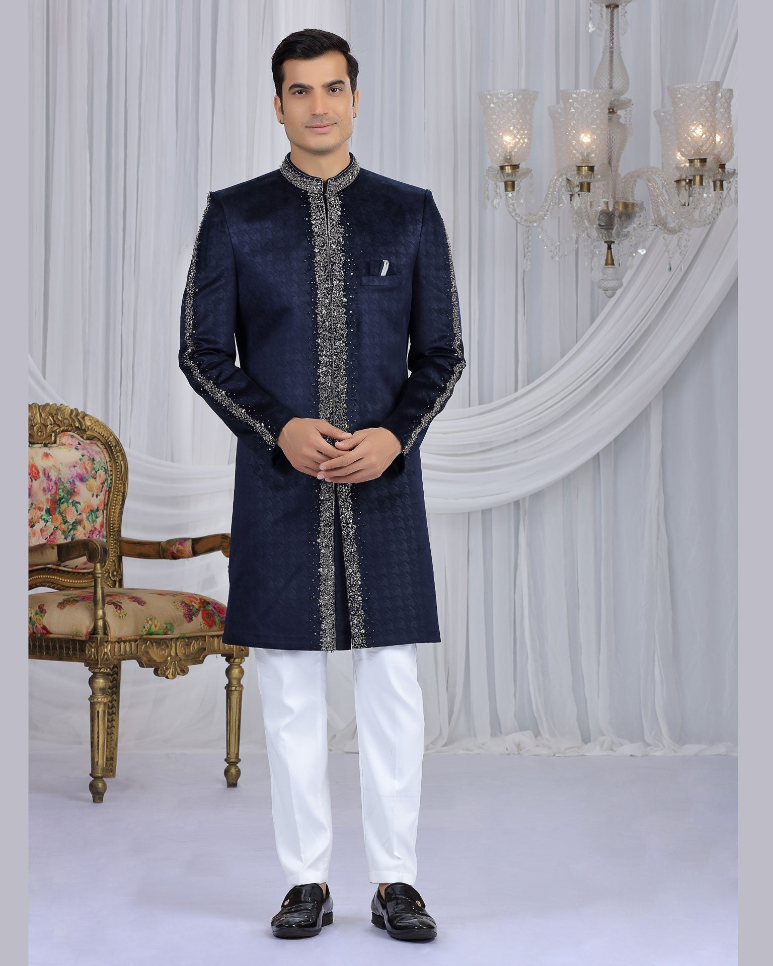 Navy Blue & Off White Embossed Velvet Man Indowestern Sherwani
