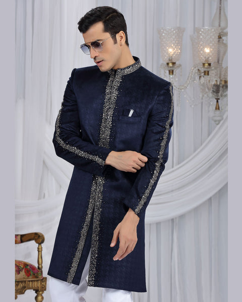 Navy Blue & Off White Embossed Velvet Man Indowestern Sherwani