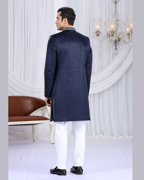 Navy Blue & Off White Embossed Velvet Man Indowestern Sherwani