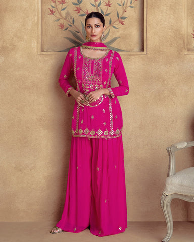 Chinnon Silk Pink Zari Mirror Work Women Readymade Short Kurta With Palazzo Suit