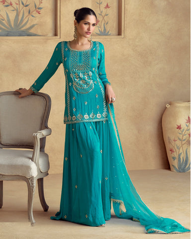 Chinnon Silk Sky Blue Zari Mirror Work Women Readymade Short Kurta With Palazzo Suit