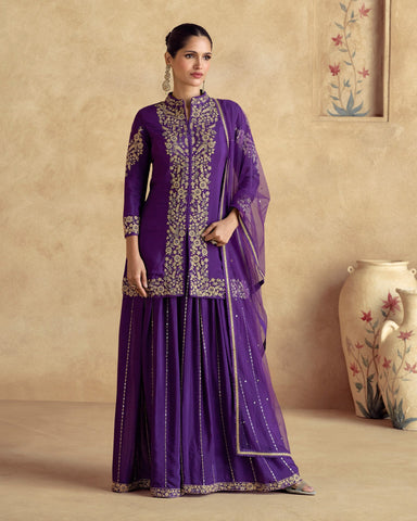 Chinnon Silk Purple Thread Stone Work Women Readymade Short Kurta With Palazzo Suit