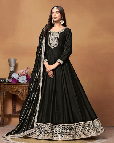 Black Zari Work Anarkali Suit In Art Silk Fabric With Embroidered Art Silk Dupatta