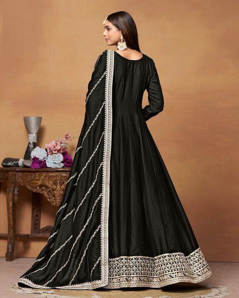 Black Zari Work Anarkali Suit In Art Silk Fabric With Embroidered Art Silk Dupatta