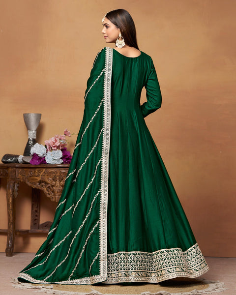 Green Zari Work Anarkali Suit In Art Silk Fabric With Embroidered Art Silk Dupatta