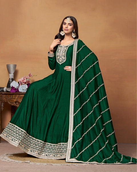 Green Zari Work Anarkali Suit In Art Silk Fabric With Embroidered Art Silk Dupatta