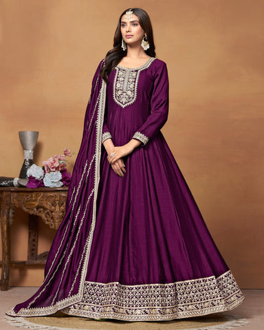 Purple Zari Work Anarkali Suit In Art Silk Fabric With Embroidered Art Silk Dupatta