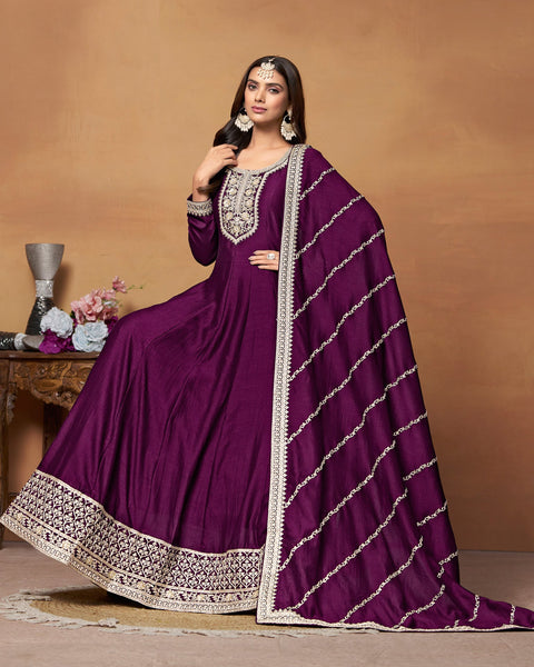 Purple Zari Work Anarkali Suit In Art Silk Fabric With Embroidered Art Silk Dupatta