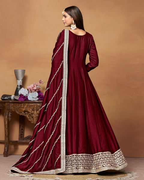 Maroon Zari Work Anarkali Suit In Art Silk Fabric With Embroidered Art Silk Dupatta