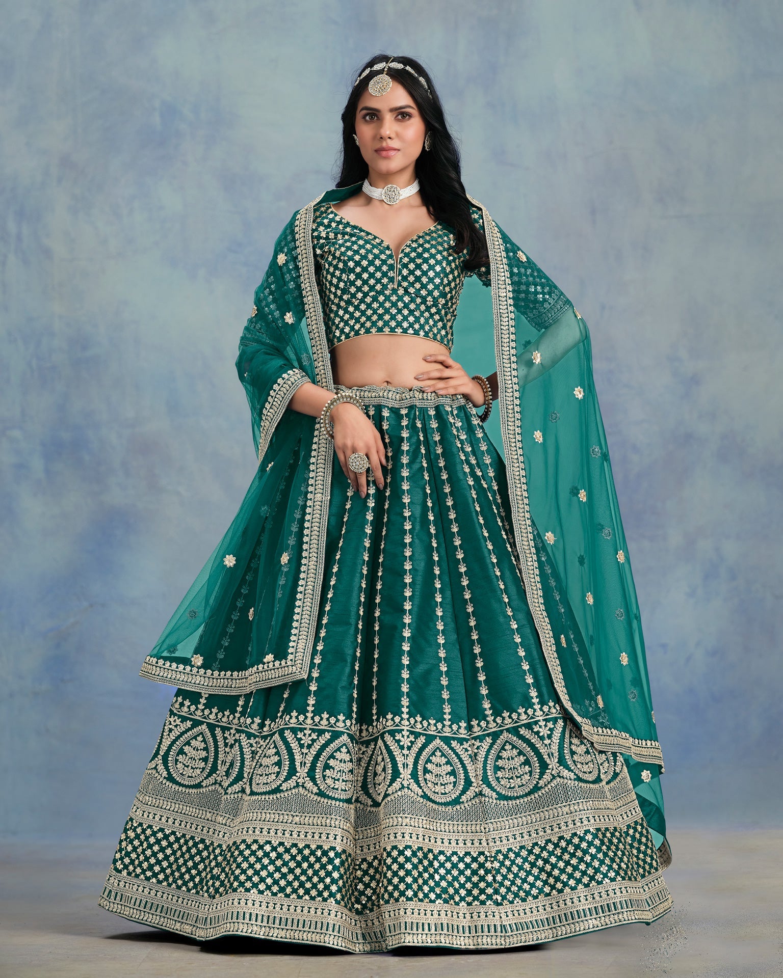 Art Silk Unstitched Zari & Sequins Work Women Green Lehenga Choli