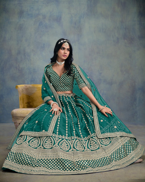 Art Silk Unstitched Zari & Sequins Work Women Green Lehenga Choli